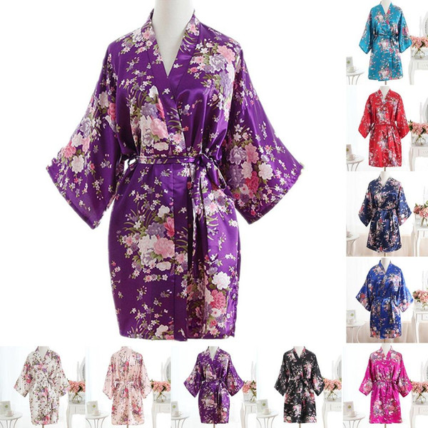 Puseky Silk Satin Floral Cherry Robe Wedding Bride Bridesmaid Pajamas Short Kimono Robe Night Bath Dressing Gown For Women