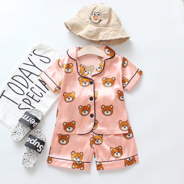 Fashion Kids Summer Cotton Pajamas Sets 1-4T Baby Boys& Girls Cartoon Bear Satin Clothing Children Pajamas Tops+ Short Pants=2PCS/Set