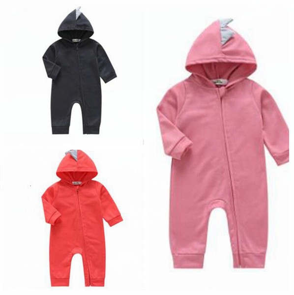 Newborn Dinosaur Conjoined Pajamas Candy Color Hooded Zipper Bedgown Kids Winter Warm Pajamsa Girls Cartoon Jumpsuit Baby Clothing WY225Q