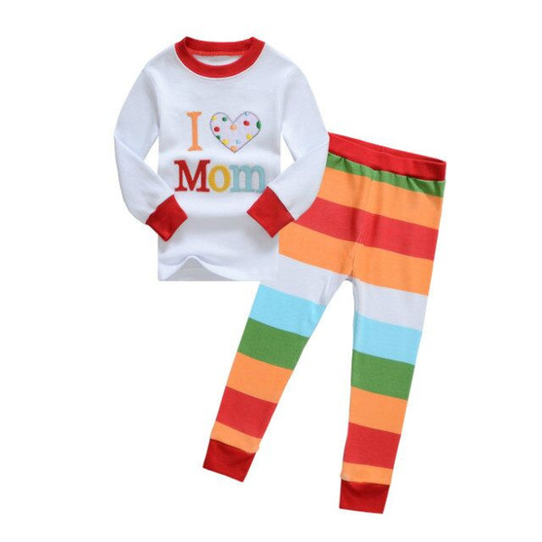 Leisure Wear For Girls Long Sleeve Stripe Children Pajamas Letter I Love Mom Kids Suits 2-7Age K962