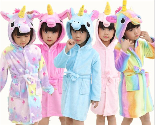 30pcs Bathrobe girls Pajamas Baby Bath Robe Rainbow Unicorn Pattern Hoodies Robes Kids Sleepwear kids Animal Cartoon Robes Y279