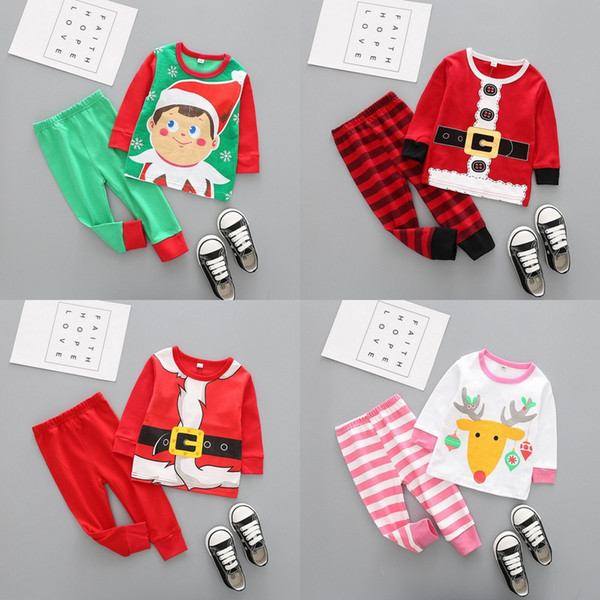 Christmas Baby Clothes Kids Xmas Elk Pajamas Sets Striped Santa Claus Suits Cotton Tops Pants Outfits Cartoon Long Sleeve Clothing