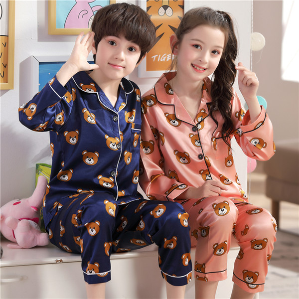 Cartoon Silk Children Pajamas for Girl Set 2019 Autumn Long Sleeve Girls Sleepwear Sets Boys Pyjamas Sets for Kids Pajamas Set LY191220