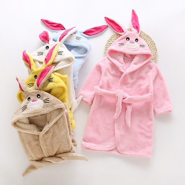 Baby Rabbit Ears Bathrobe Nightgowns Flannel kids Robes Hooded One-piece Pajamas Girls Children plush Home Cosplay Sleepwear LJJA3706-1