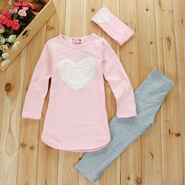 Christmas Outfits Pajamas 3pcs 1pc Hair Band+1pc Shirts+1pc Pants Children's Clothing Set Girls Clothes Suits Pink Red Heart