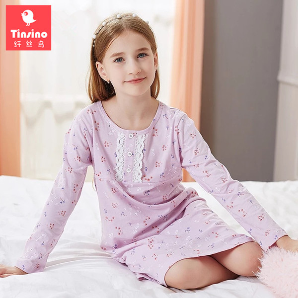 Tinsino Children Girls Autumn Nightgowns Long Sleeve Lace Nightdress Spring Flowers Sleepwear Kids Girl Pajamas Home Clothes