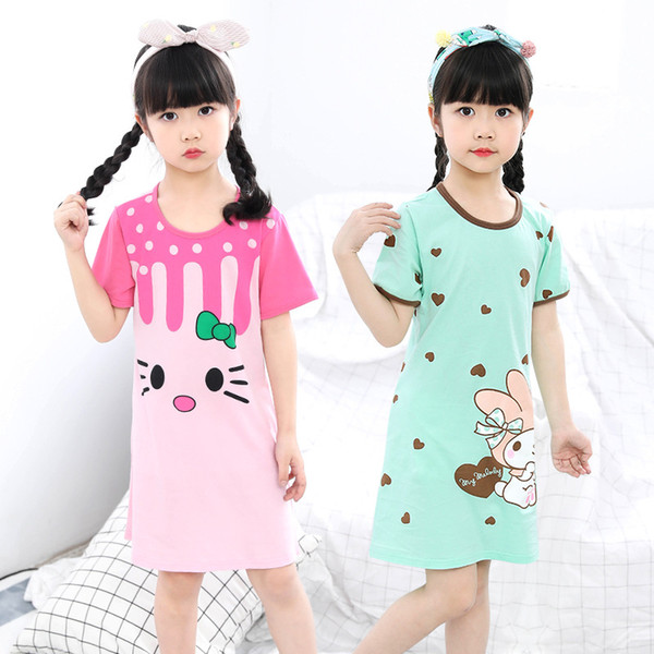 New summer children's sleepwear girls cotton short-sleeved dress fashion print pajamas skirt girls sleepwear large size