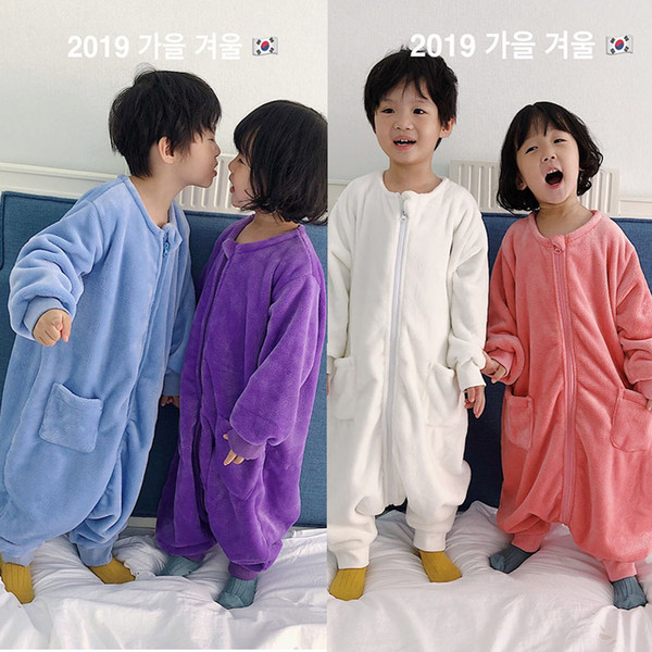 Children's autumn and winter sleeping bag feet flannel plus velvet thick cartoon pajamas boy and girl baby plus velvet anti-kick