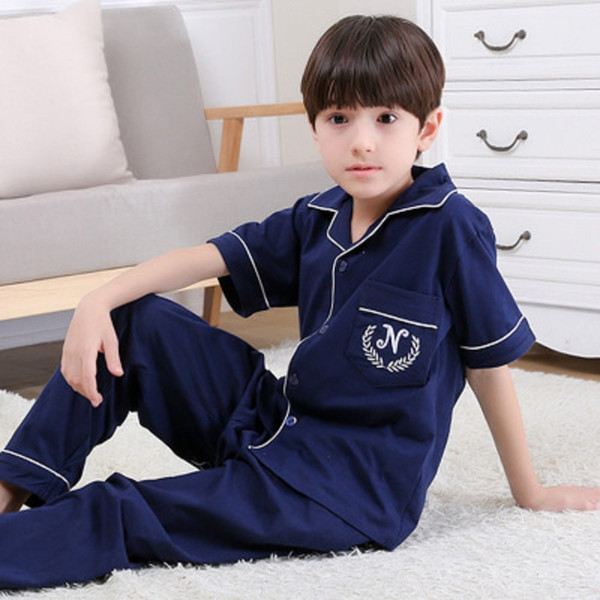 Summer Kids Clothing Kids Home Clothing Cotton Short Sleeve Lapel Blue Pants + Tops 2-Piece Pajamas for boy