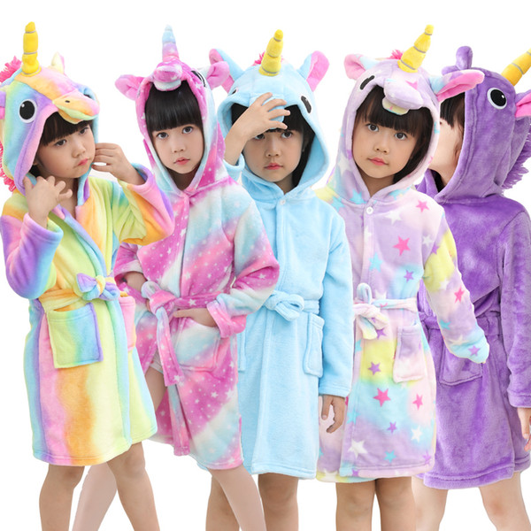 New Baby Girls Bathrobe Robe Cartoon Children Autumn Winter Bathing Suit Animal Pajamas For Kids Unicorn Hooded Towel Bath Robe Y18103008