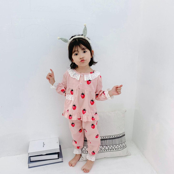 Boutique cotton cute strawberry long sleeve girl kids fall pajamas 2019