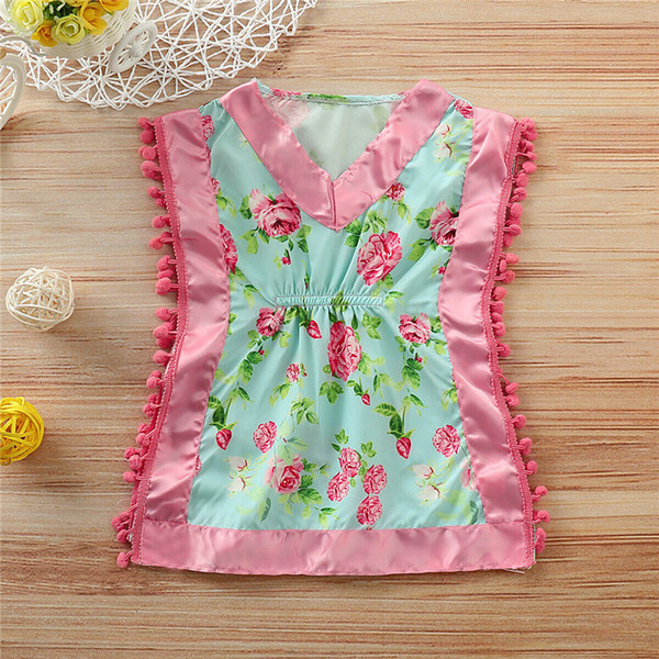 Fashion Summer Toddler Kids Baby Girls Sleepdress Floral Print Tassels Bathrobe Baby Girl V Neck Defined Waist Nightgowns 1-4Y