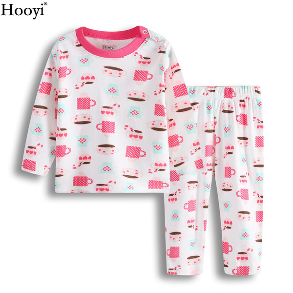 Hooyi Pink Baby Girl Clothes Sets Children Pajamas Clothing Suit Cups Print T-Shirt + Trouser Suit Girls Sleepwear 100% Cotton 0 1 2 Years