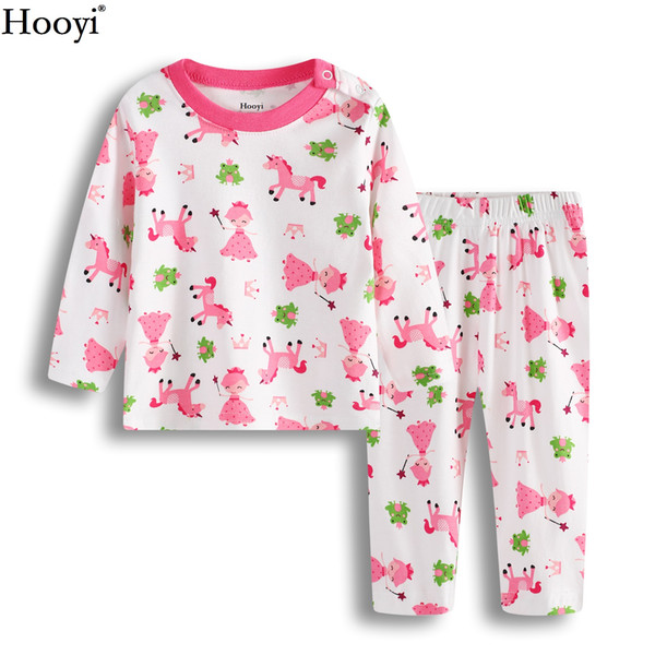 Hooyi Pink Princess Baby Girl Clothes Sets Infant Pajamas Clothing Suit T-Shirt Trouser Suit Horse Girls Sleepwear 100% Cotton 0-2Year Tops