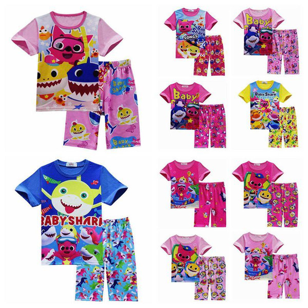 11 Styles 2pcs/set INS Kids Baby Shark Short Sleeve Pajamas Set Cartoon Animal Shark T Shirt+Pants Outfits Home Clothing CCA11323 12set