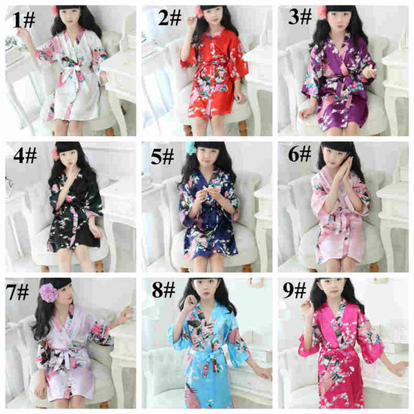 Children Peacock silk Nightgown kids floral Kimono pajams baby girl summer home sleepwear 9 styles total