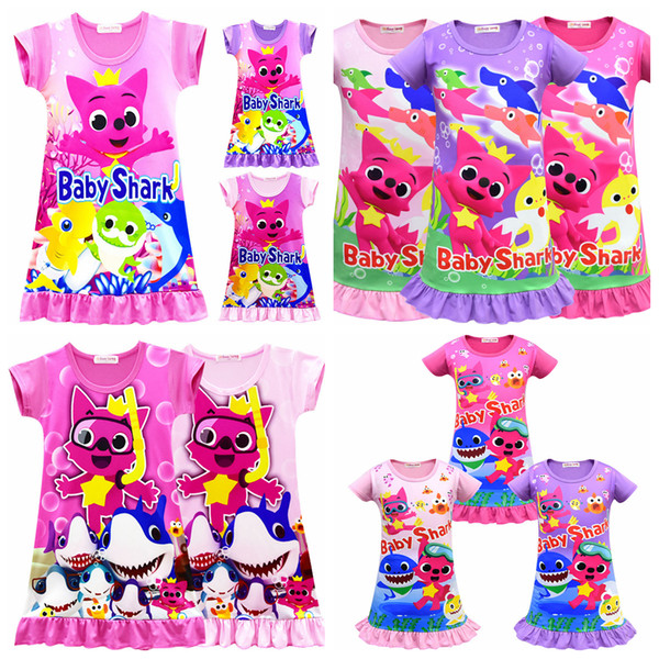 11styles Girls Baby Shark Dress Pajamas Lovely Cartoon Shark Short Sleeve Pajamas Dress Baby Summer Skirt Clothes FFA1640