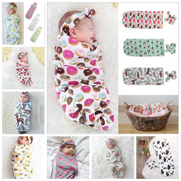 9 Colors Infant Floral Cotton Swaddle Blanket 2 Piece Set Sleeping Bags Muslin Wrap+Headband Newborn Baby Pajamas Hairband AAA482