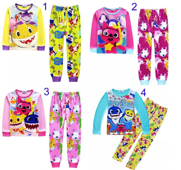 children INS baby shark Suits Pajamas Girls boys Cotton cartoon long Sleeve T-shirt+Pants 2pcs sets baby kids clothes B11