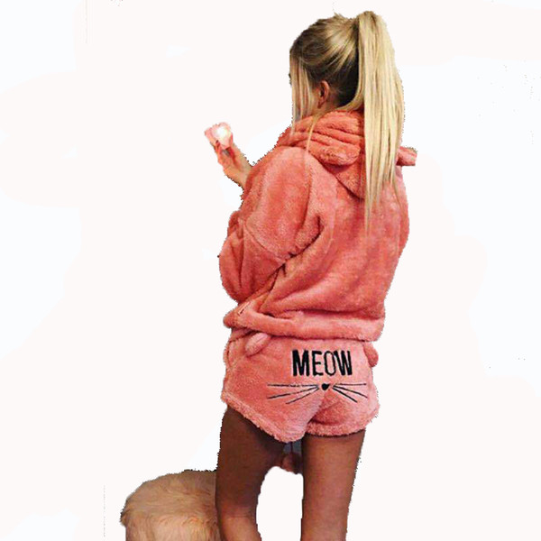 2018 cute new spring autumn European and American women's cat embroidery pajamas hooded casual suit top+shorts set