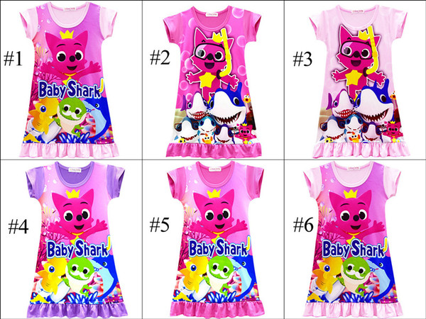 3 Color Girls Baby Shark Dress New Children Lovely Cartoon Shark Short Sleeve Pajamas Dress Baby Summer Night Skirt Clothes