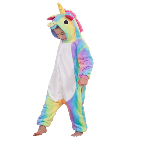 lovely kids onesie pajamas cartoon unicorn cosplay raninbow flannel pajamas for 3-10years children boys girls thick warm sleepwear clothing