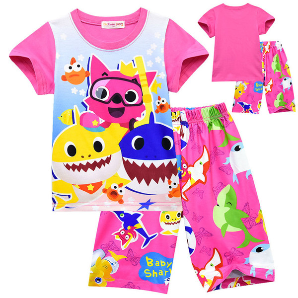 INS Kids Baby Shark Pajama Set 100-140cm Children Boys Girl Night Clothes Short Sleeve T shirt + Shorts 2 piece Summer Home Sleepwear A41904