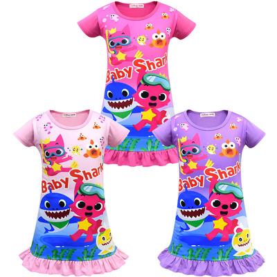 3 Color Girls baby shark Dress New Children lovely cartoon shark Short sleeve Party dress baby night skirt clothes