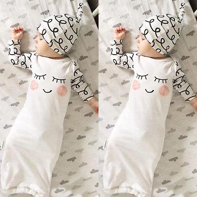 Cut Newborn Baby Clothes Sleepy Eyes+Rosy Cheeks Baby Gown Hat Infant Newborn Coming Home Sleepwear Sleeping Bags