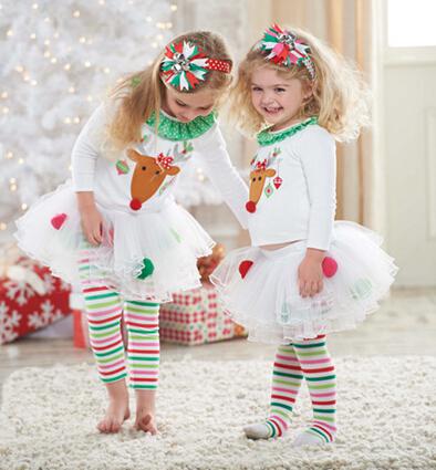 christmas 2 piece sets children suit kids clothes sets baby girl dress cotton white dresses for babies girls lace pantskirt New Year