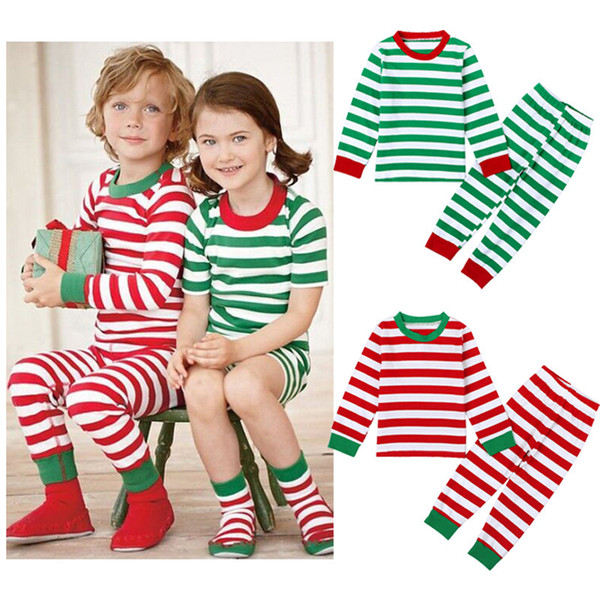 Red/Green Stripe Long Sleeve Girls Boys Kids Polyester Christmas Pajama Suits Sleepwear For Christmas 2-7 Years 6 sets/lot