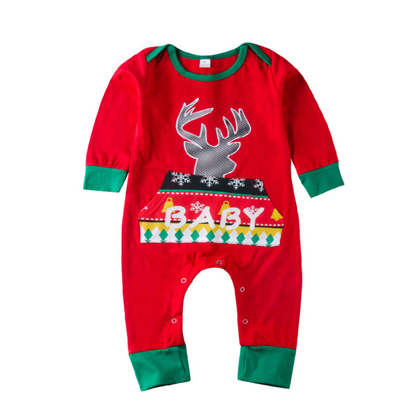 Christmas Newborn Baby Girls Boys Reindeer Geometric Pajamas Clothes Long Sleeve Red Green Bodysuit Romper Xmas Cute Baby Clothing 0-24M