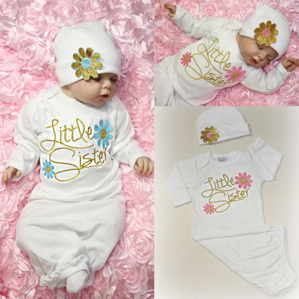 Cute Baby Girl Clothes Newborn Infant Girl Take Home Baby Gown Floral Sleepwear Costume Hat Pajama