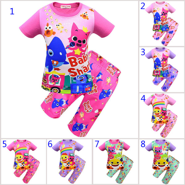 8 Style Boys Girls baby shark Pajamas 2019 New Children baby shark Short sleeve T-shirt+ Five points trousers 2pcs sets Suits