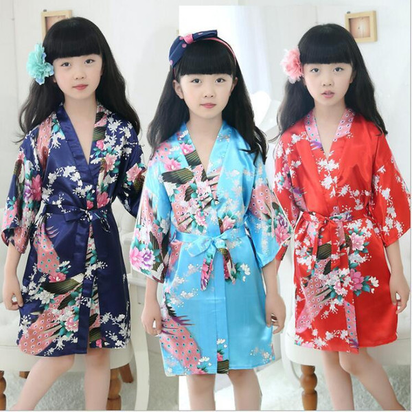 Kids Girl Peacock Sleepwear Bride Kimono Bath Robe Satin Night Dress Gown