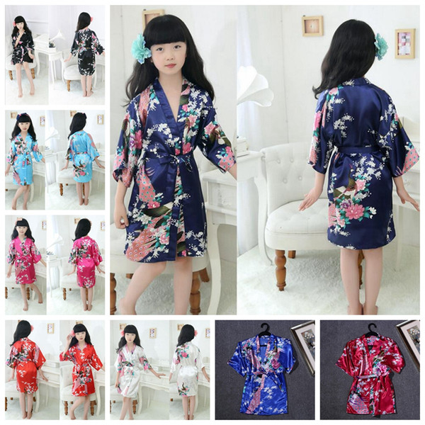 Children Silk Rayon Kimono Bathrobe Girls Kids Robe Night Gown Floral Sleepwear Pajamas 10 Colors 100pcs OOA1909