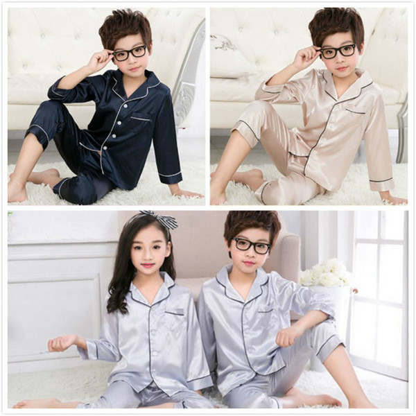 3 Colors kids Silk Pajamas boy girl Long sleeves + trousers suit Nightdress Sleepwear Solid color Underwear JC213