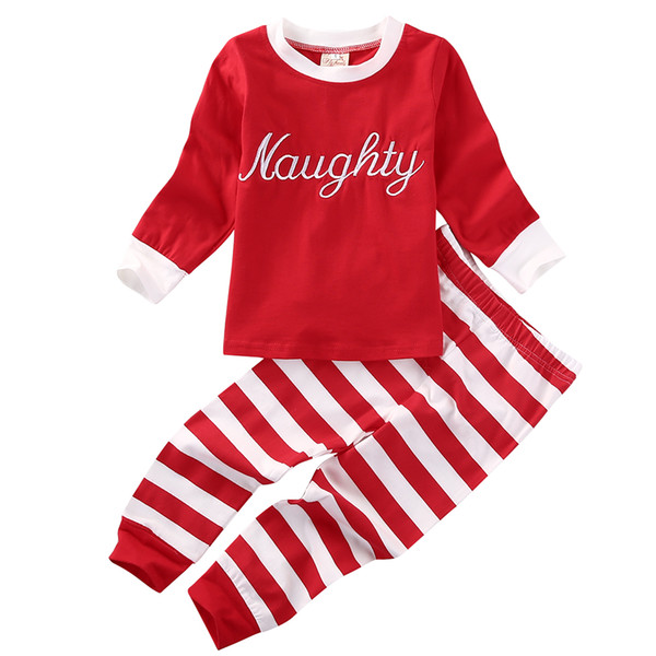 Kids Christmas Pajamas Set Long Sleeve Pijamas Children Girls Boys Sleepwear Playsuit Letter Naughty Nice