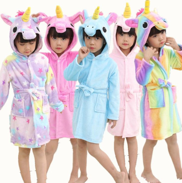 .Bathrobe girls Pajamas Children Baby Bath Robe Rainbow Unicorn Pattern Hoodies Robes Kids Sleepwear kids Animal Cartoon Robes kids Pajamas