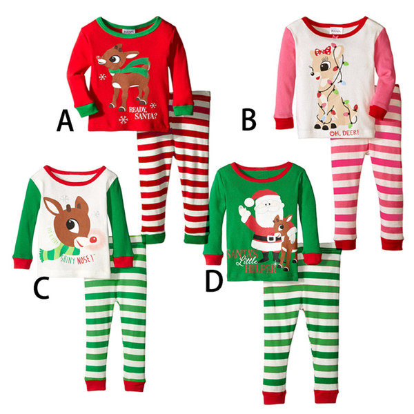 Boy girl Christmas elk stripe Pajamas sets Free DHL new children Cotton cartoon stripe long Sleeve + Pants 2pcs Suits baby clothes D155