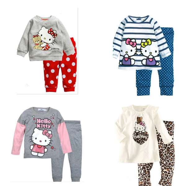 2015 summer girls hello kirtty set shirts tee+casual pants set children's clothing cotton suit kids clothes Pajamas sleepwear