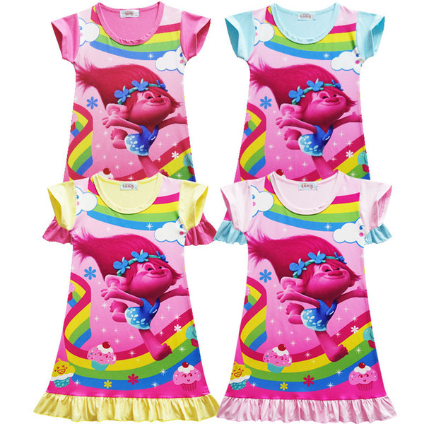 2017 Summer Girls Dresses Pjms 4 styles Trolls Cartoon Kids Pajamas Polyester Comfortable Nightgowns Sleepwear Clothes