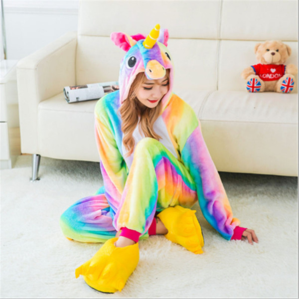 Cute Cartoon Animal Colored Unicorn Pajamas Flannel Hooded Long Sleeve Adult Unicorn Pajamas Sleepwear For Women