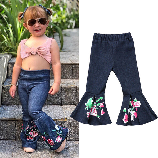 2018 new casual kid denim flare pant Kids Baby Girl Bell-Bottom Pants floral print Hit Color Denim Wide Leg Jeans Trousers 1-6T