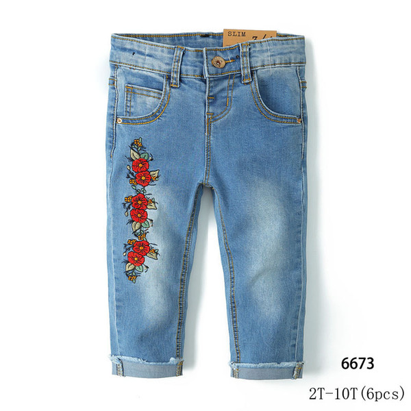 New girl's red embroidered flower-pattern jeans straight trousers(6pcs/lot)