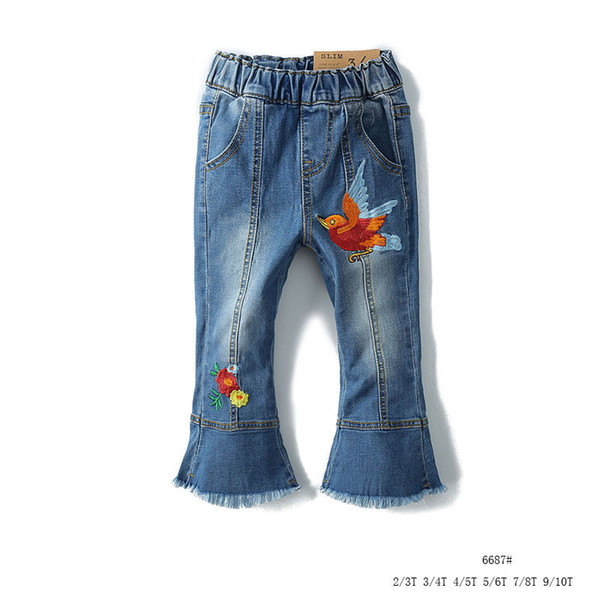 New girl's autumn jeans with elastic micro-embroidery trousers(6pcs/lot)