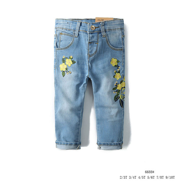 New girl yellow embroidered flower pattern jeans pants(6pcs/lot)