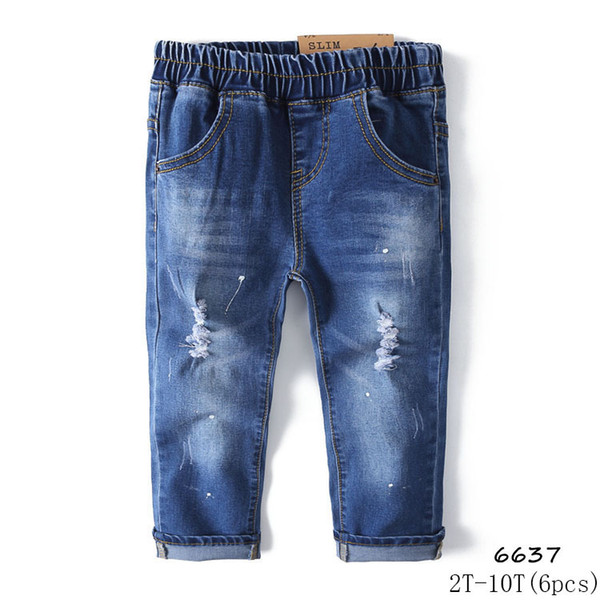 New jeans stretch deep blue wash ripped holes simple jeans pants(6pcs/lot)