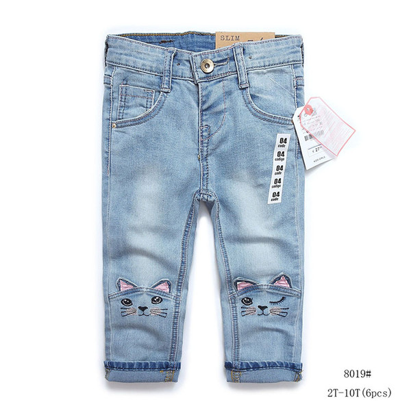 Baby elastic elastic belt jeans simple style embroidery cat pattern in children's wash jeans trousers(6pcs/lot)