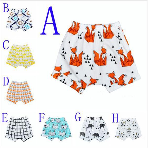 Retail 2016 INS Summer Style Baby Harem Pants Fox Panda Brar Cartoon Pattern Kids Shorts Plaid Geometric Printed PP Pants Boys Girls Clothes